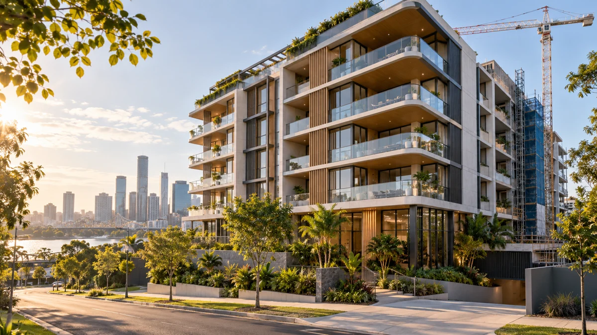 Illustrative apartment development approaching completion, with landscaped grounds and construction crane