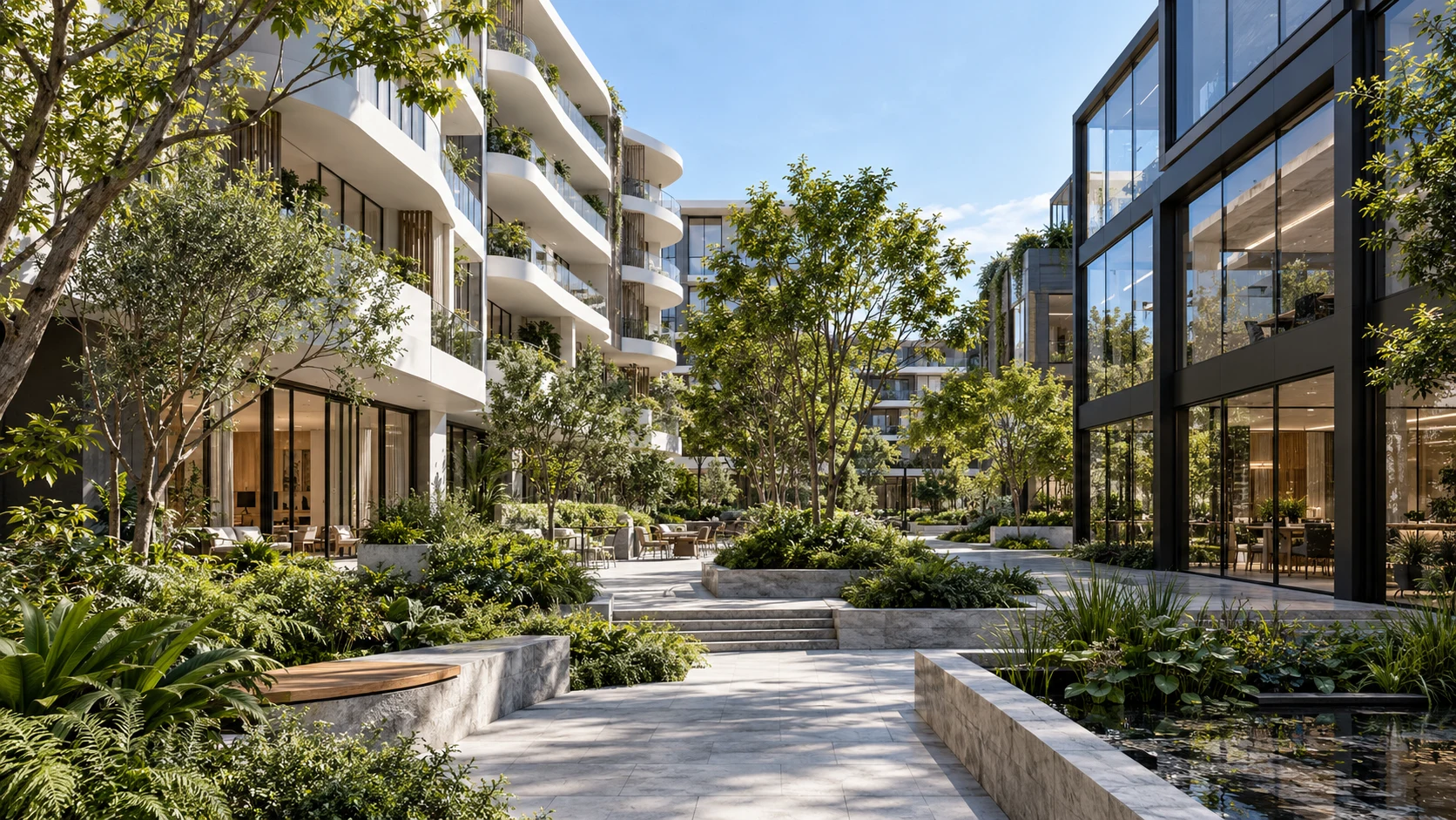 Illustrative mixed-use development with apartments and a landscaped courtyard