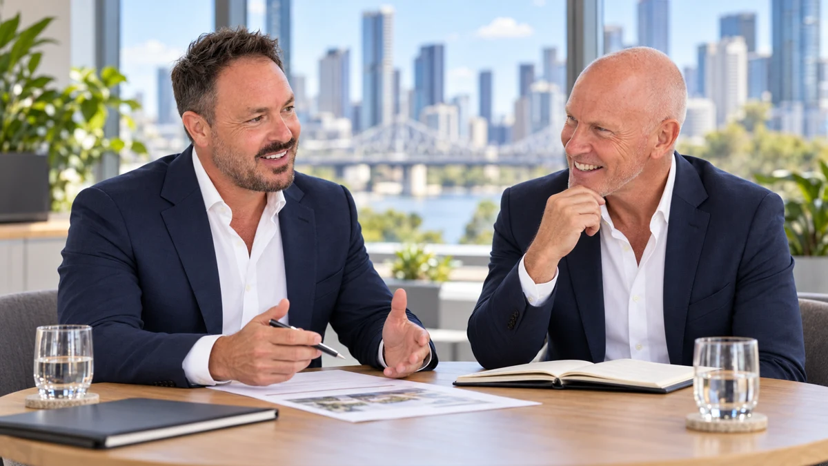 AI-generated illustration of Grow directors Ben Sherlock and Steve Gibbs discussing a recruitment brief around a meeting table