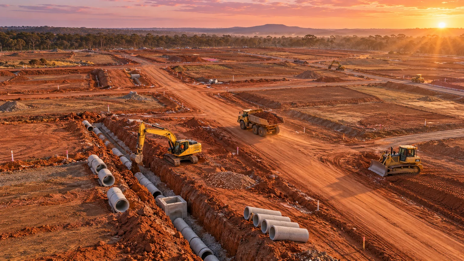 Illustrative residential subdivision with earthworks, unsealed roads and civil construction machinery at sunrise