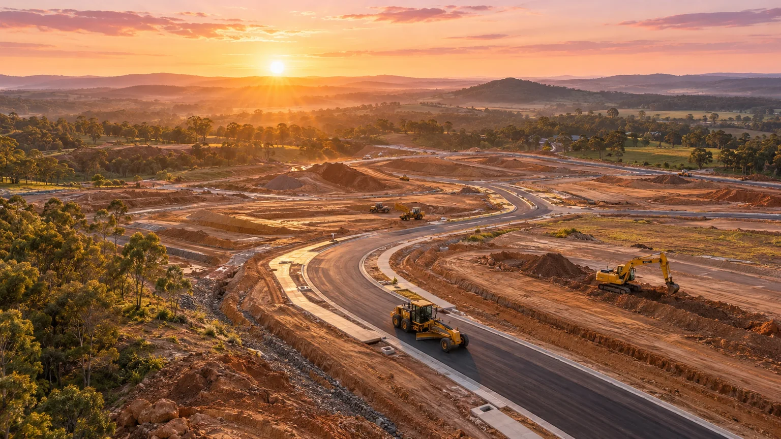 Illustrative aerial view of a residential subdivision under construction in warm sunrise light